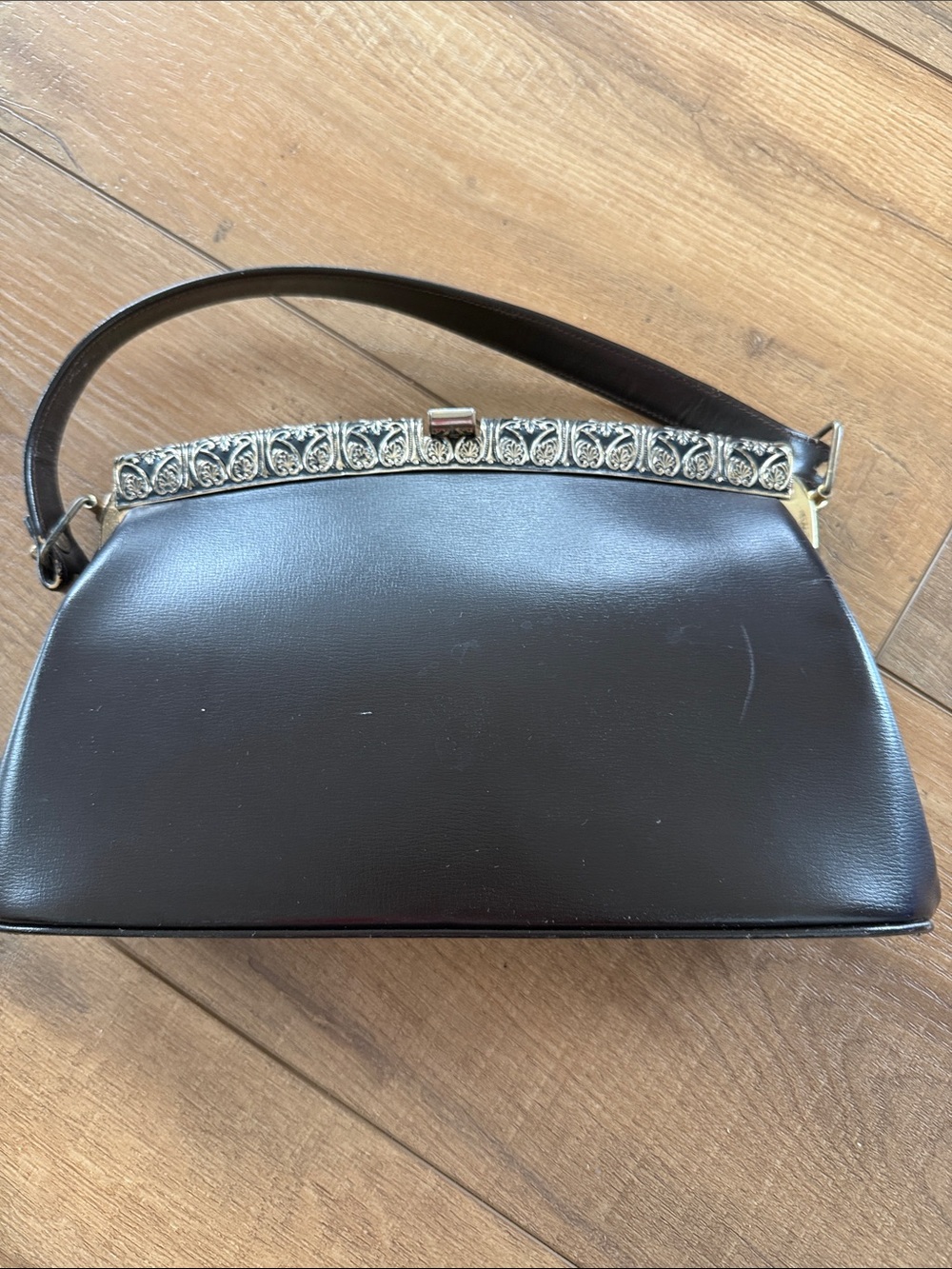 Vintage Triangle Black Top-Handle Evening Bag with Silver-Tone Accents
